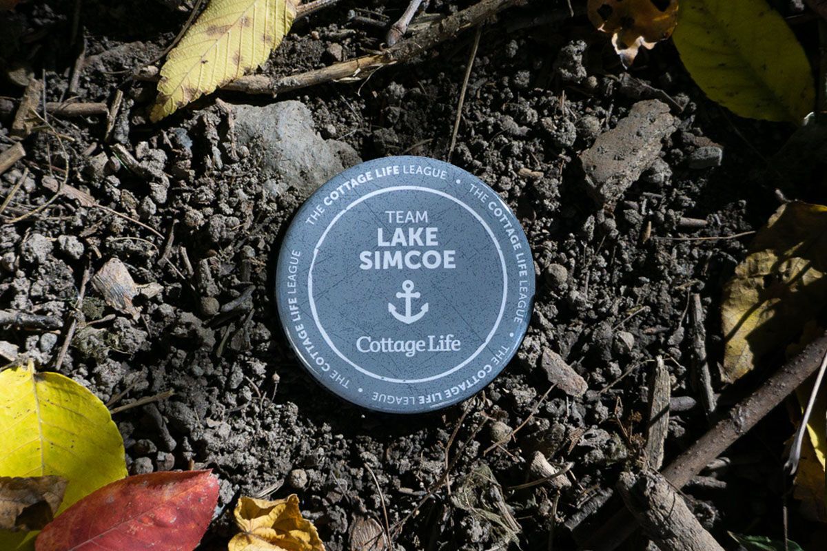 a button with Lake Simcoe on it