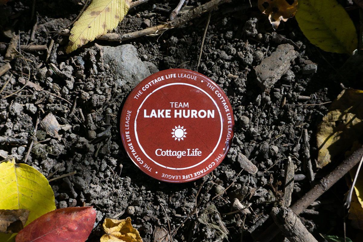 a button with Lake Huron on it