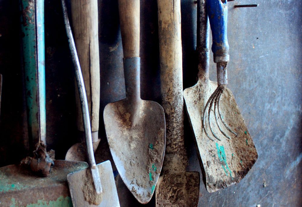 old dirty farm metal garden tools as shovels and rakes hanging on the wall on nails