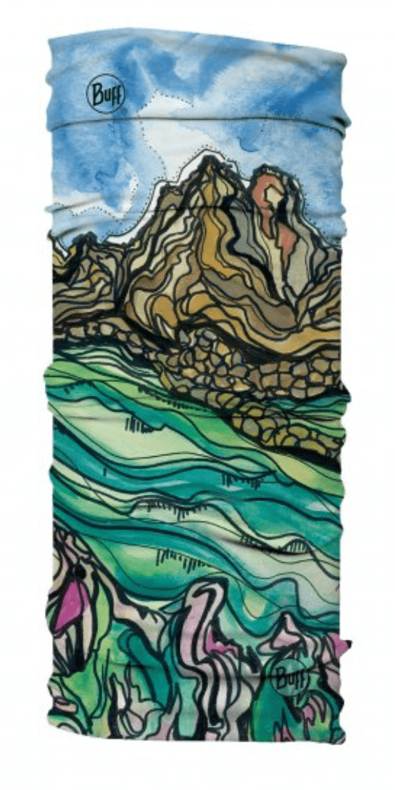 Buff with mountains and a river design on it