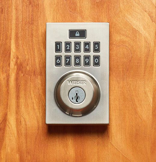 electronic lock installed on a wooden door