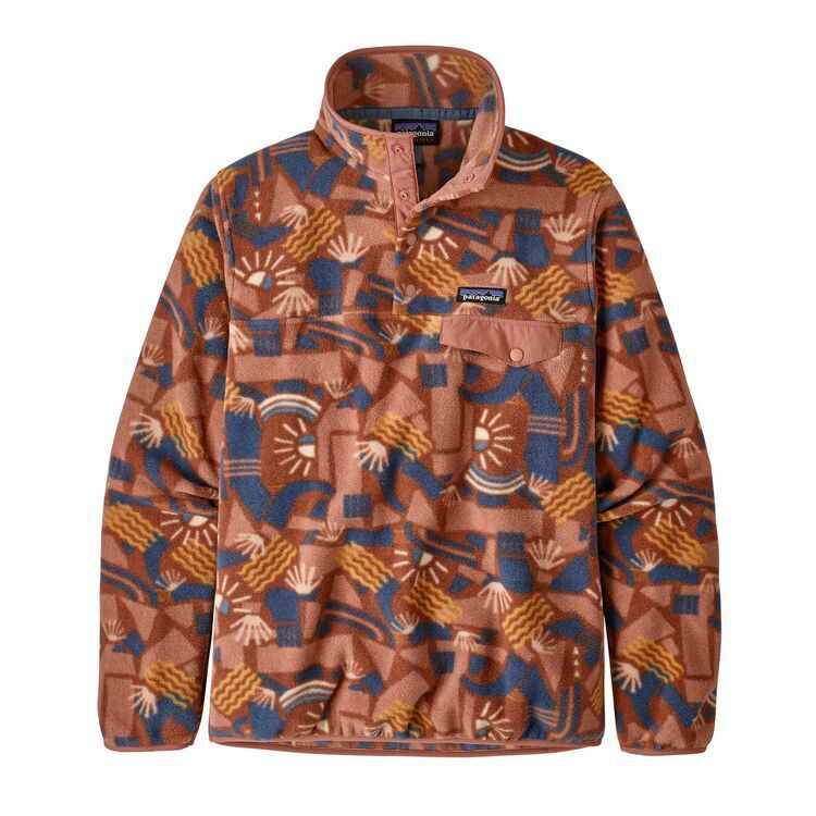 Brown, tan, and blue fleece sweater with 4 snap buttons by the neck