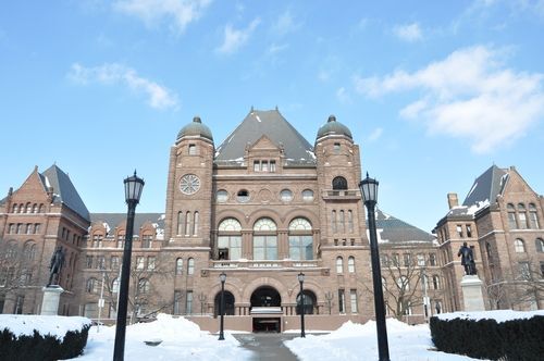 Ontario Legislative Assembly at Queens Park in Toronto on a snowy day
