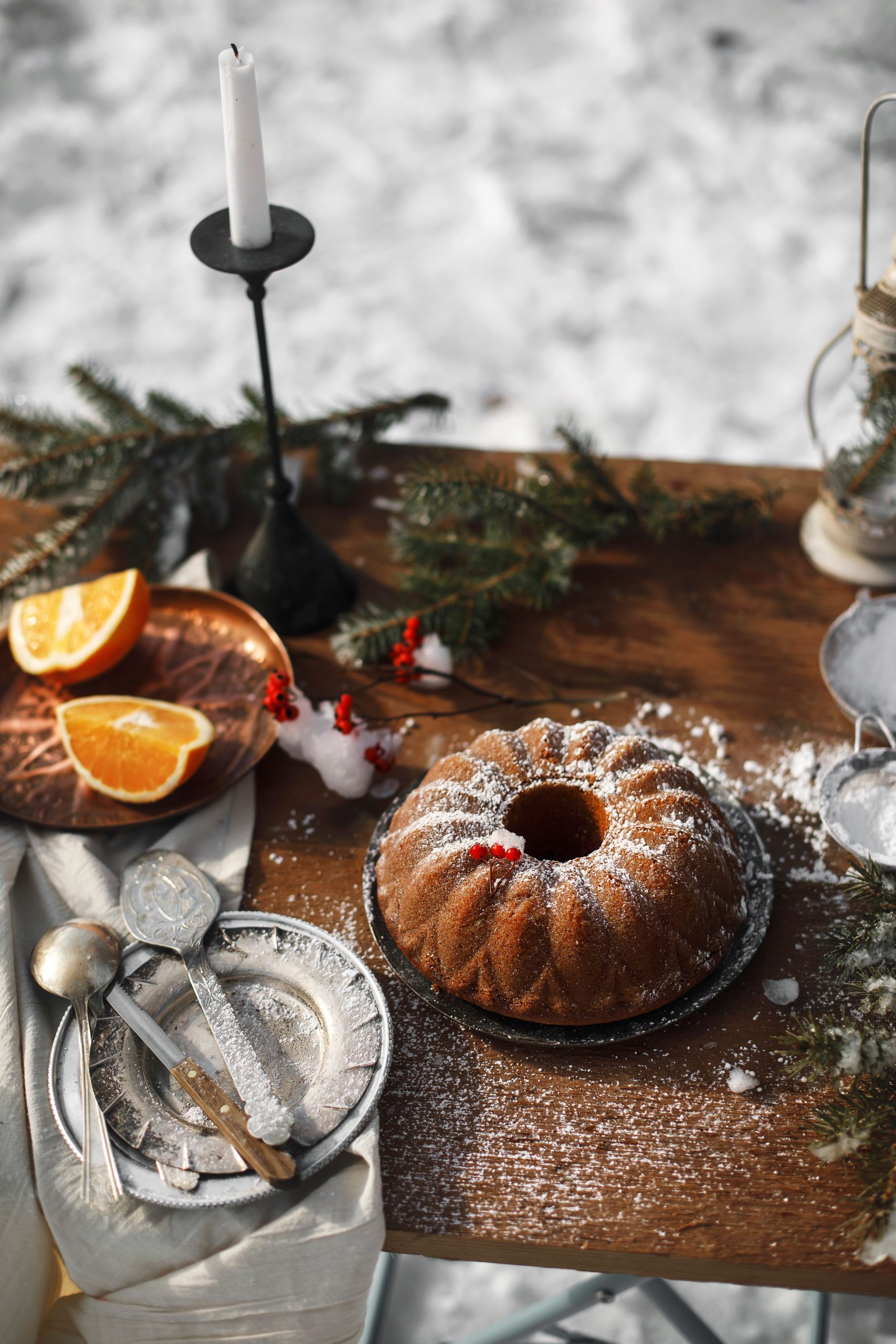 dessert buffet on a table in the snow