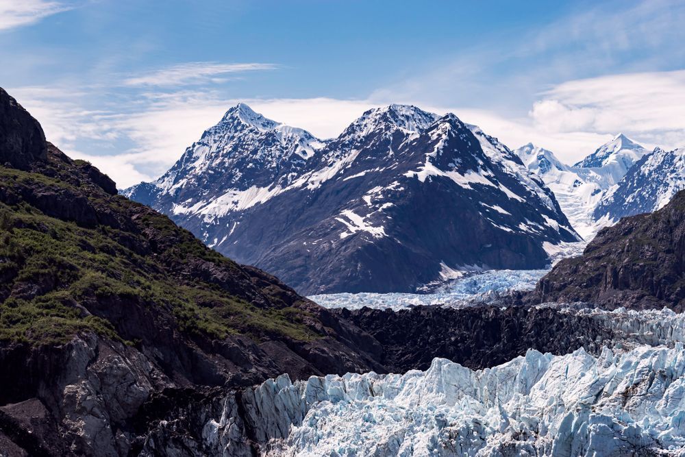 mountains, closeup of mount fairweather in canada with the margerie glacier in glacier bay alaska in the foreground