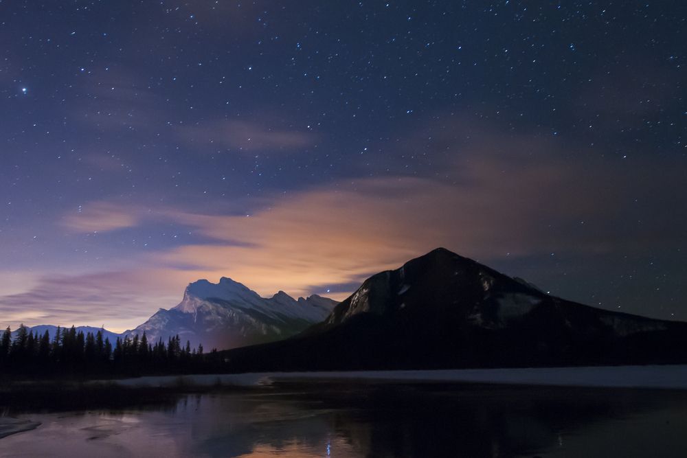 mountains, Night scenery Mount Rundle and Vermilion Lakes Banff National Park Alberta Canada