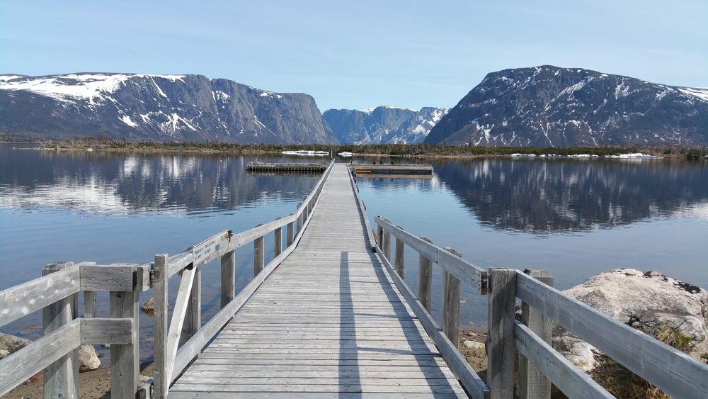 mountains, boardwalk into Western Brook Pond with mountains in Gros Morne National Park, Newfoundland