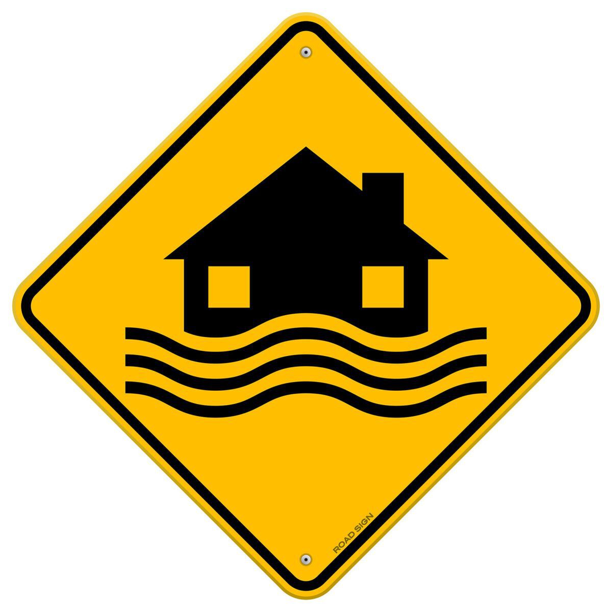 Flood Disaster Yellow Sign - House and waves on yellow sign isolated on white background