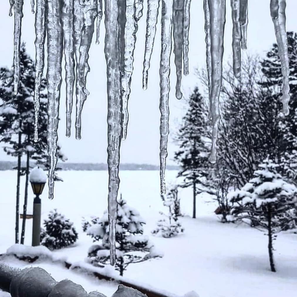 icicles in front of a wintery lake