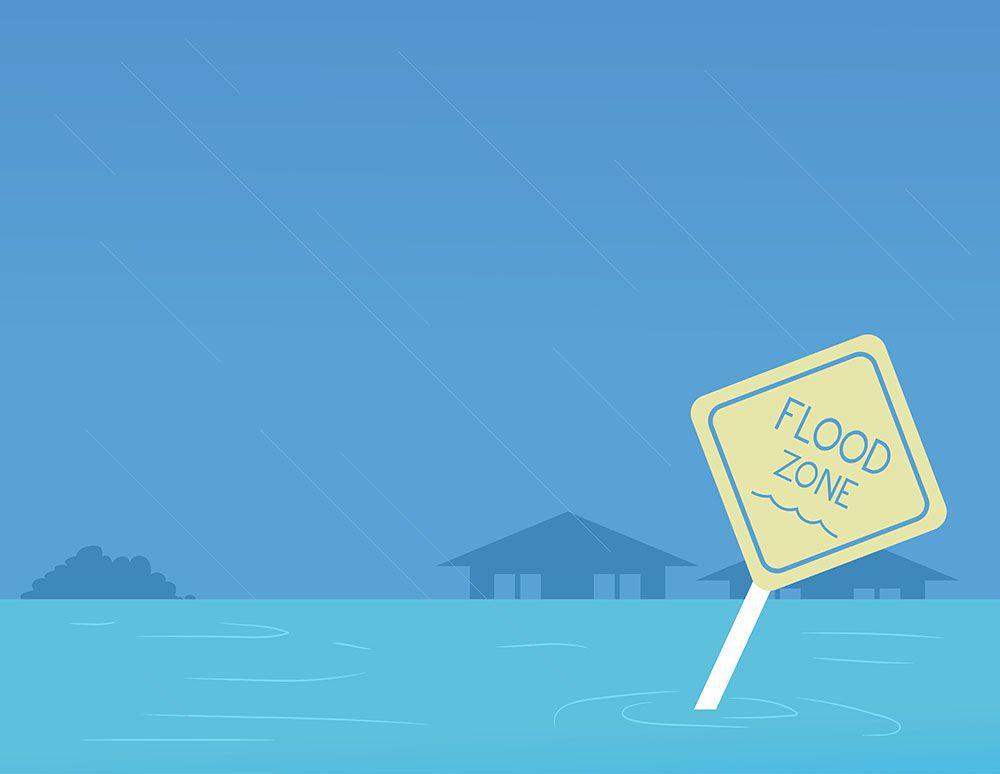 Illustration of a Flooding Zone Sign with Rising Water During storm