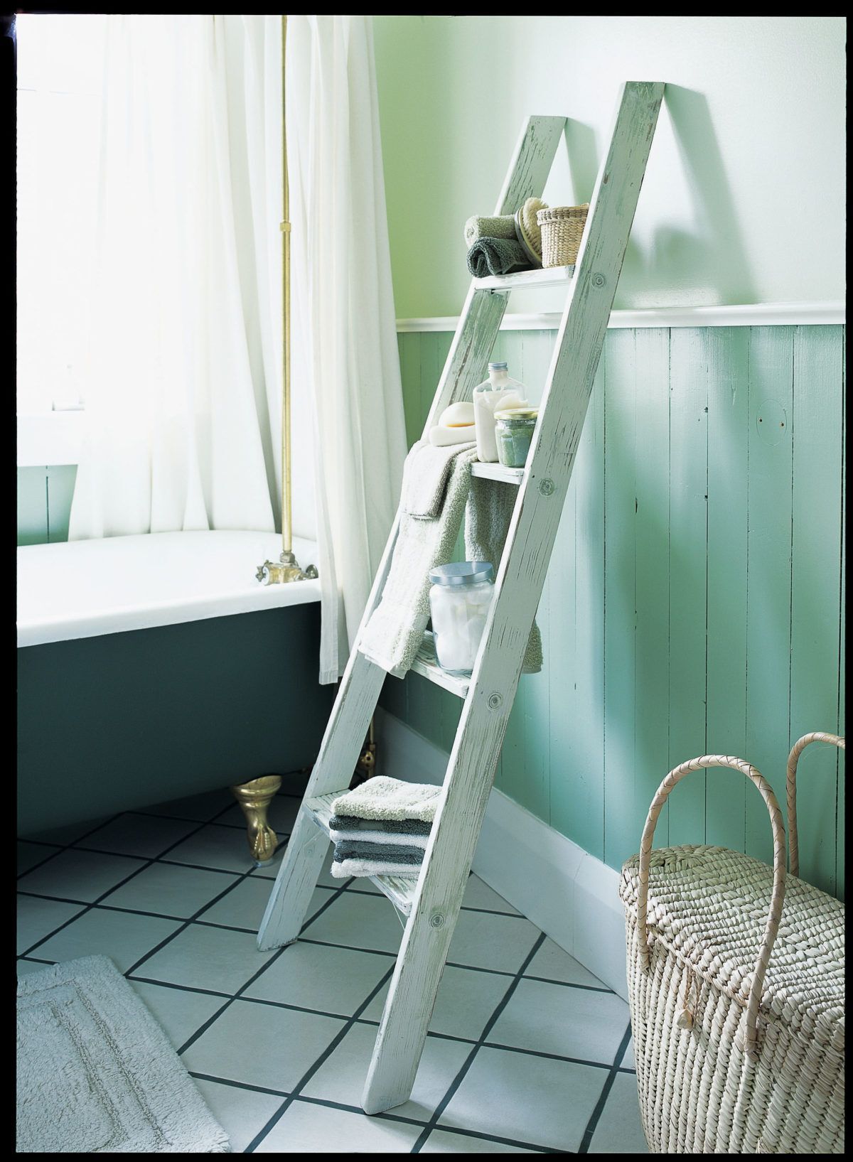 Shelf in bathroom made to look like a ladder