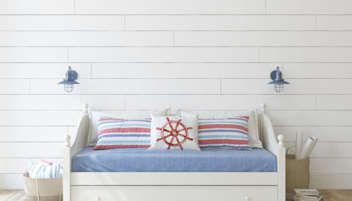 Kids room in coastal style. Daybed near shiplap wall. Interior mockup. 3d render.