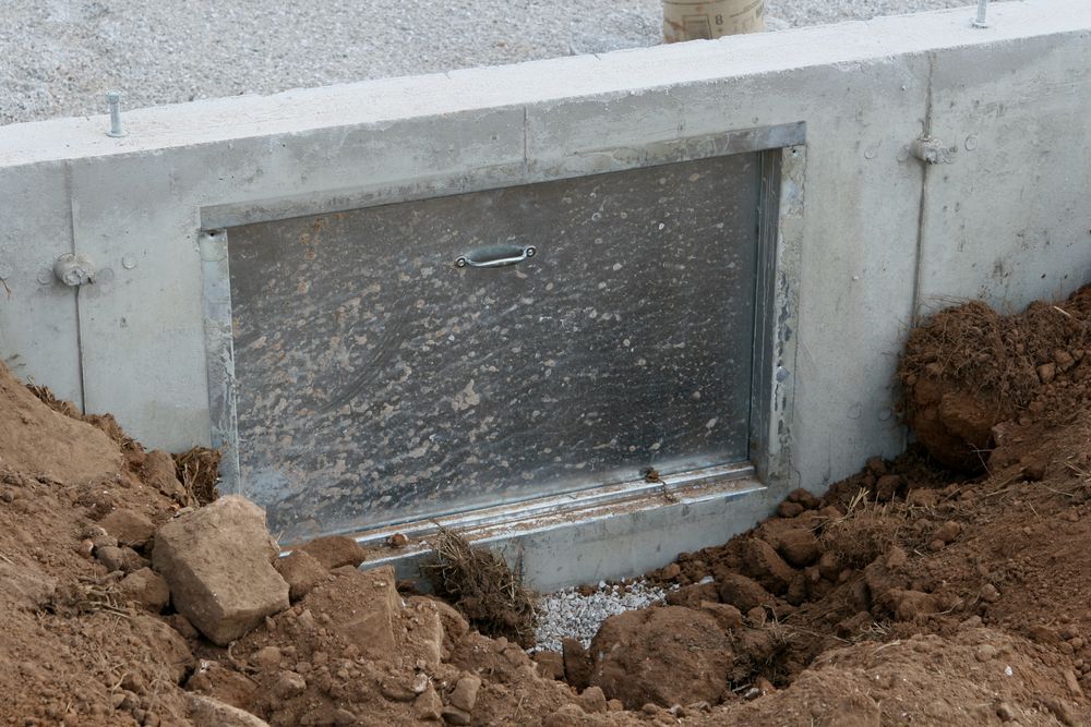A concrete crawl space, surrounded by soil