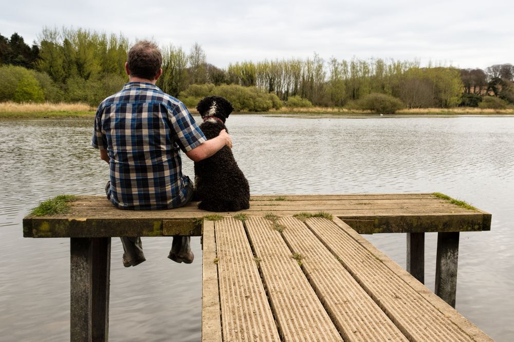 An man and dog sitting together on a dock, backs to the camera