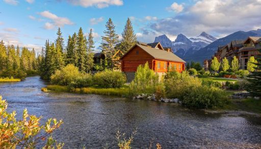 Spring Creek Alpine Village Landscape and Autumn Colors with Distant Three Sisters Mountain in Town of Canmore, Alberta Foothills of Canadian Rockies, strata