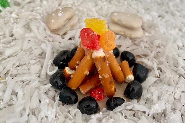 fire made of of blueberries, pretzel bits and jujubes for the gingerbread cottage