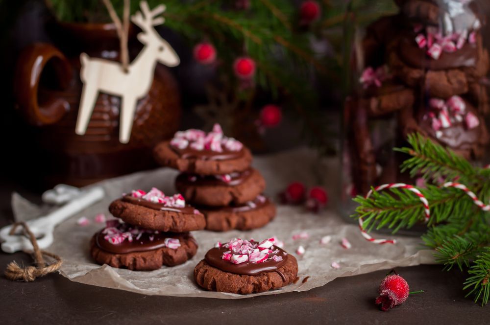 Chocolate Christmas Cookies with Chocolate Glaze and Crushed Candy Cane