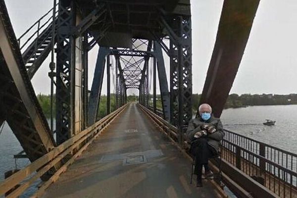 Bernie Sanders on a bridge