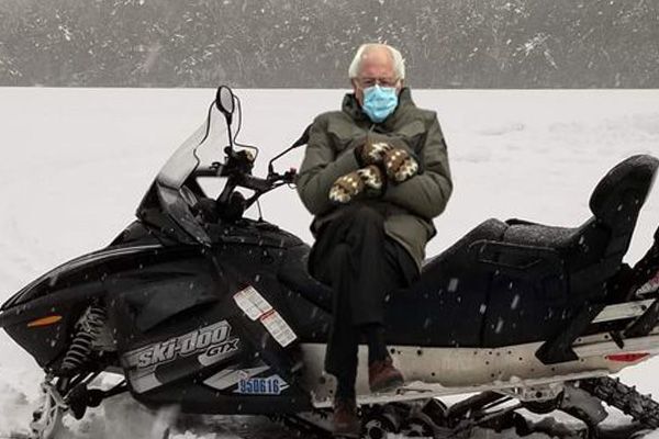 Bernie Sanders on a snowmobile