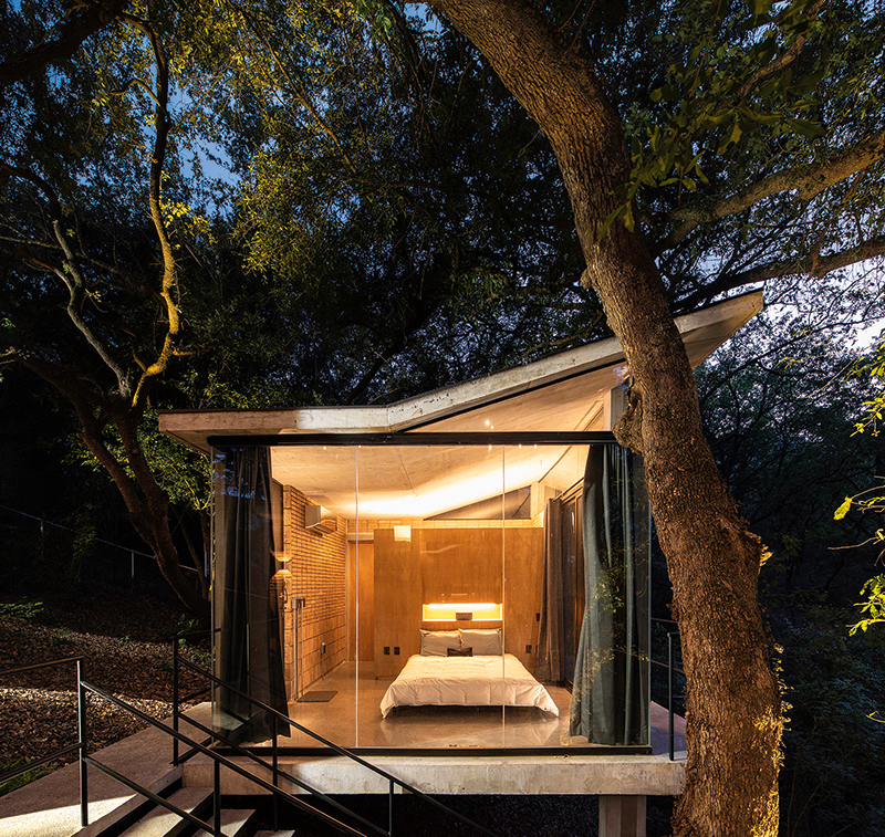 glass bedroom in a forest up a set of stairs, colin and justin's escapology