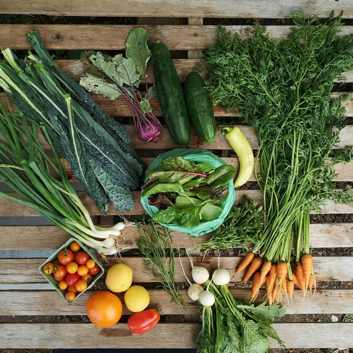 fresh produce laid out on a wooden skid