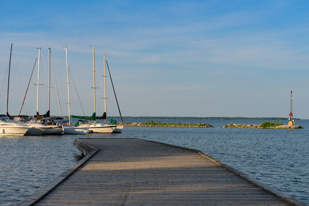 Jackson Point Marina with sailboats and view of Georgina Island in Ontario