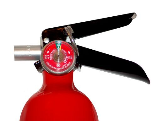 Fire extinguisher detail, isolated on white background, spring maintenance