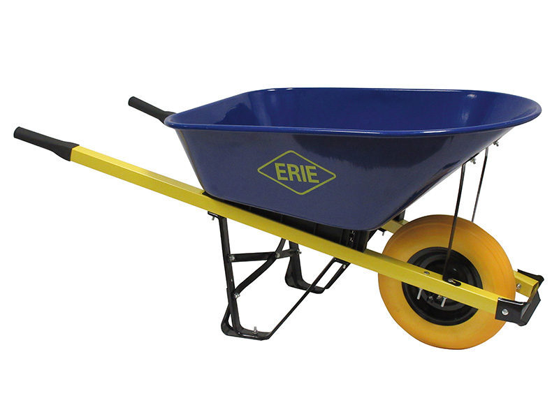 A blue and yellow wheelbarrow.