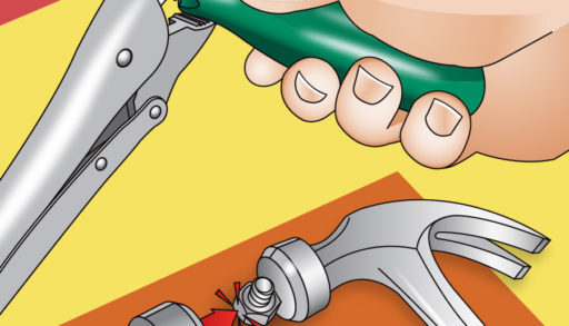 Illustration of two hammers, a nut, pliers and a screwdriver.