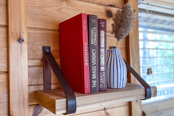 DIY bookshelf in cottage at Crystal Lake