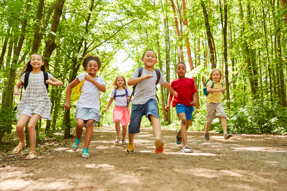Children running in the woods