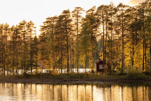 Small island on the lake with a country house in Finland. Traditional finnish lake landscape with cottage house at sunset, deal-breakers