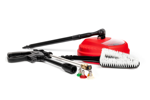 Power washer attachments or accessories. A high pressure gun, set of nozzles and large brushes for a high pressure cleaner, used to clean hard outdoor surfaces. Isolated on white. Selective focus. pressure washer