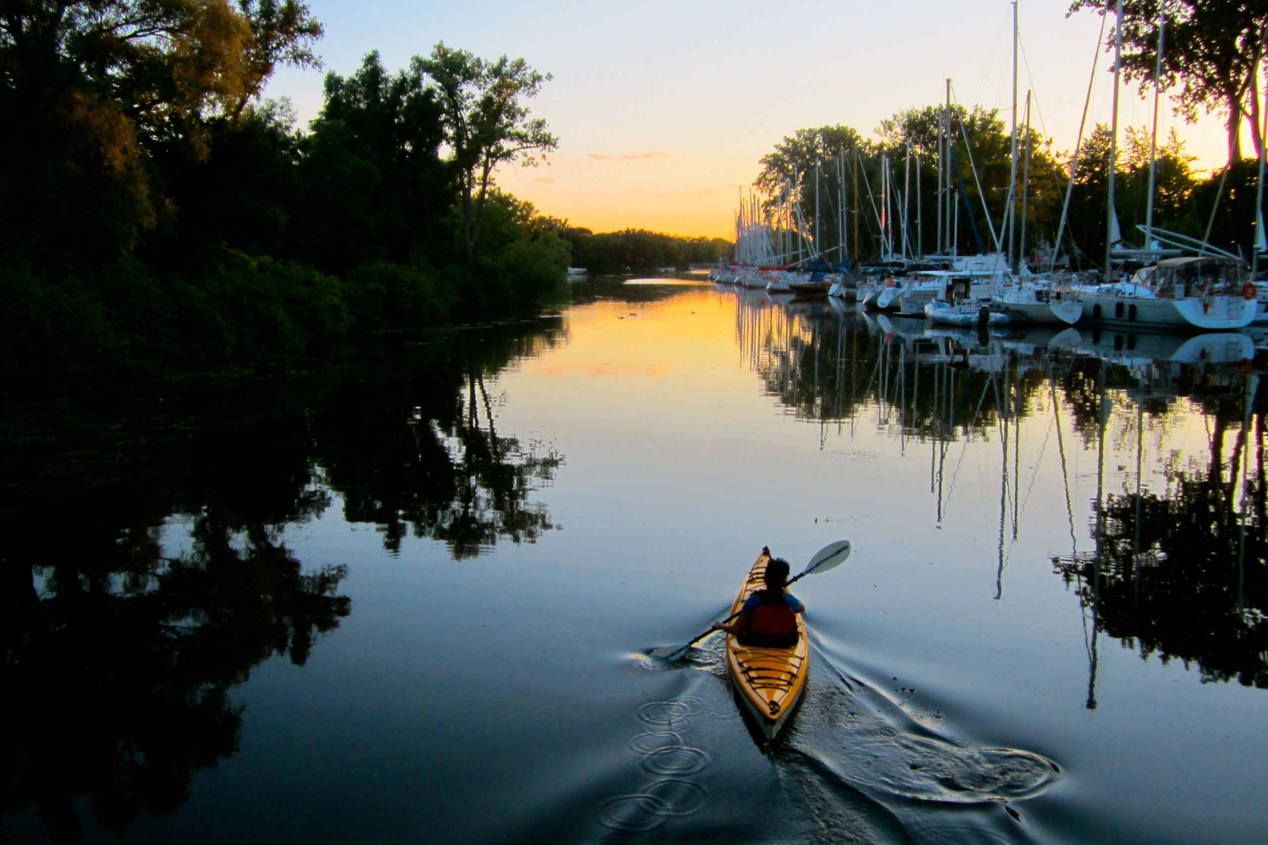 Kayaker paddling at sunset