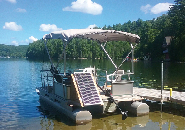 A pontoon with solar panels.
