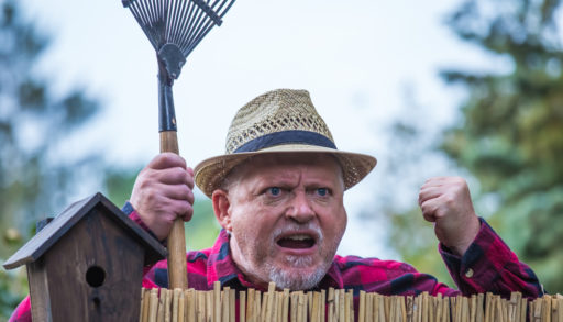 An angry man holding a rake, looking over the fence at his neighbours