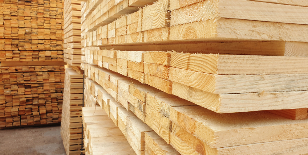 Piles of raw wood drying in a lumber warehouse.