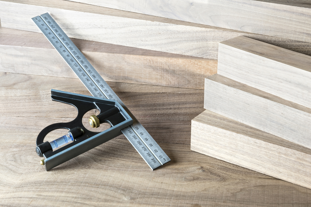 Combination square in a woodworking shop, hand tools