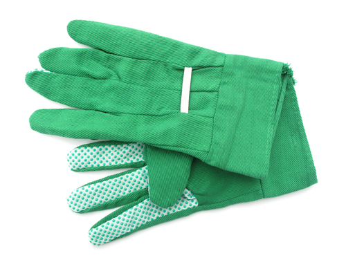Green gardening gloves, yardwork tools