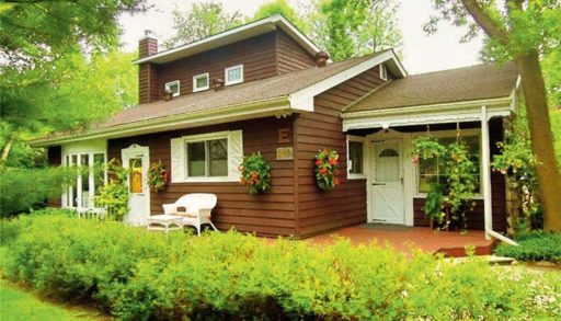 Outside of a brown, log cabin-type cottage