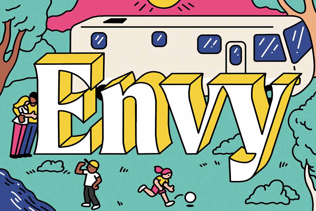 illustration of the word envy with people in park around it