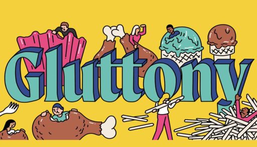 illustration of the word gluttony with various food items being eaten by people around it