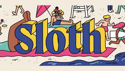 illustration of the word sloth with people on the beach around it