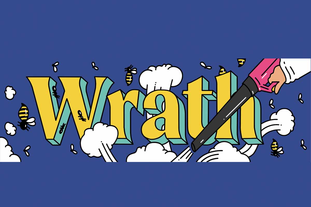 illustration of the word wrath with various insects being sprayed around it