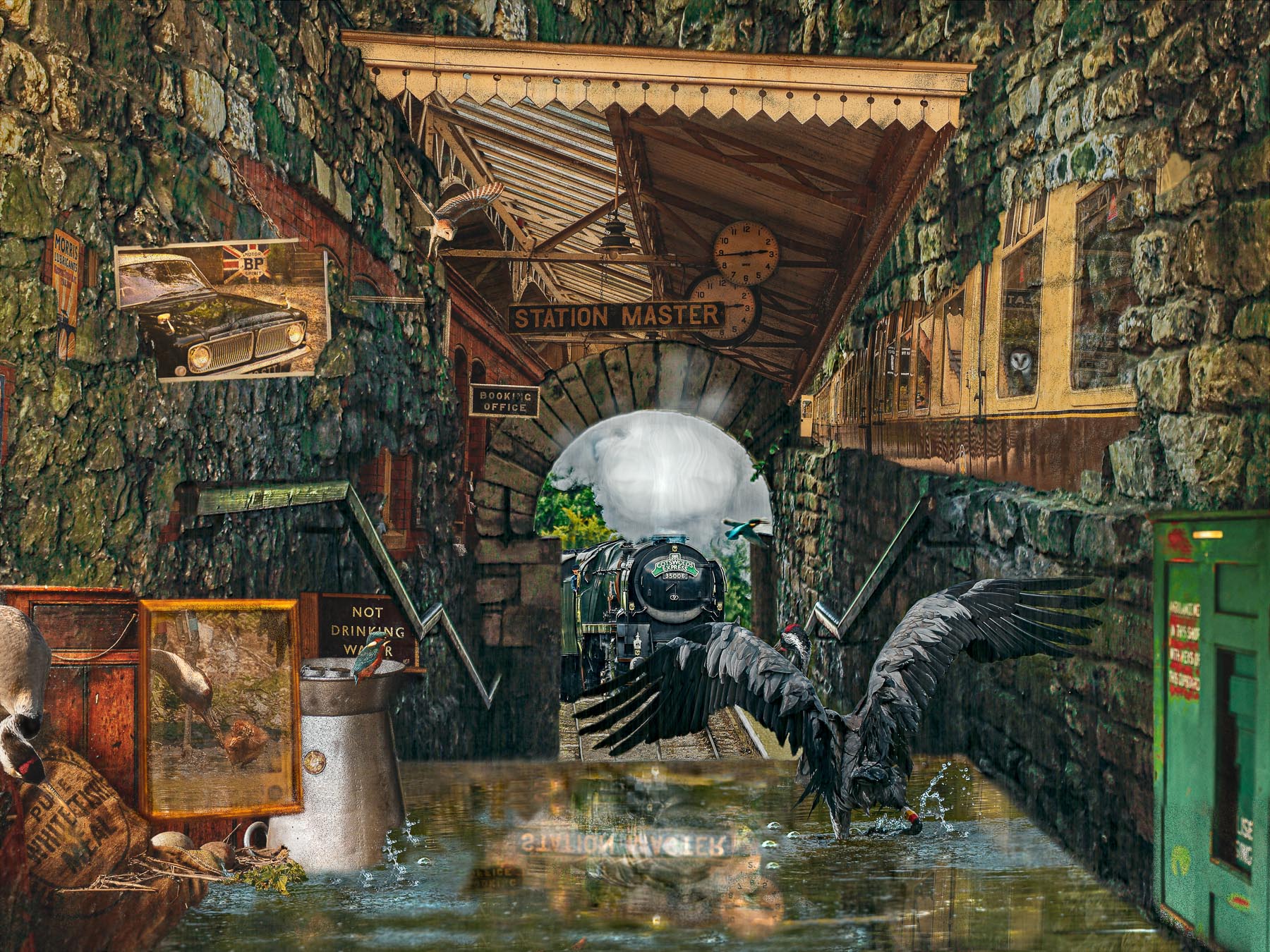 An edited image of a common crane, together with one of a train appearing as though it was entering a tunnel.