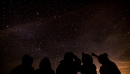 Silhouette of a group of people stargazing