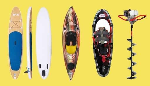 paddle board, kayak, snowshoes, drill