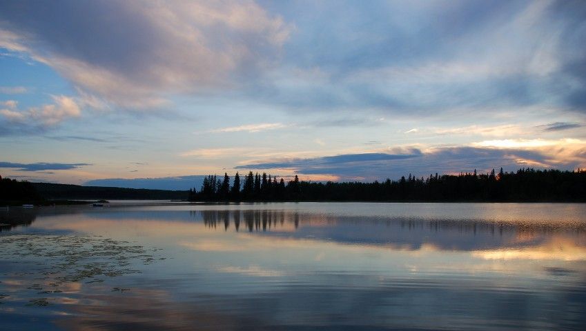 View of Island Lake in Alberta with trees in the background.