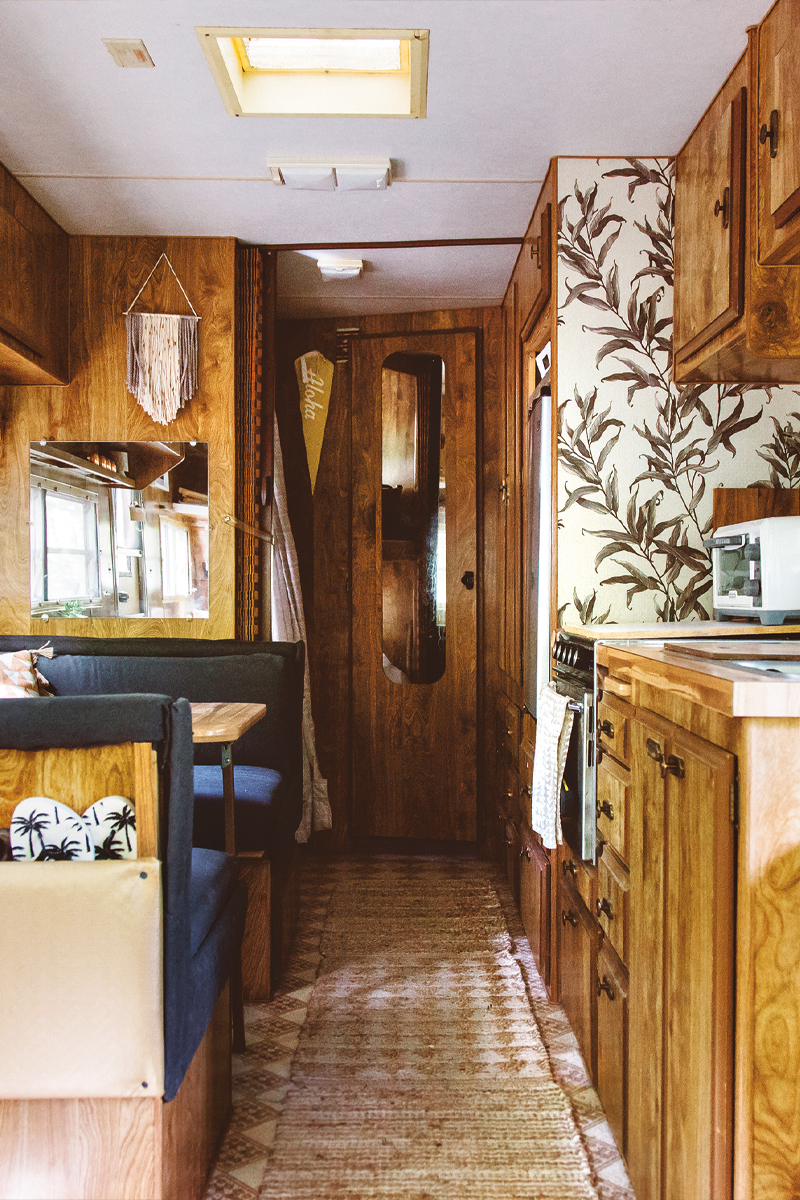 the kitchen in Carey Shaw's trailer