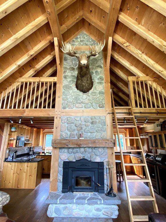 The cottage interior with a moose head